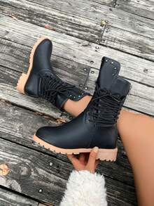 New Stylish Ankle Boots Solid Color Casual Lace-Up Women's Boots Fashion Versatile Slim Boots Vacation Style Casual Ankle Boots, Rivet Lace-Up Fashion Punk Style Ankle Boots, Suitable For All Weather And Any Occasion - Black - View 4
