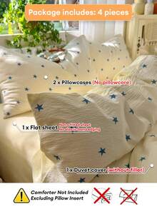 Minimalist Blue Star Bedding Set, Comfortable & Breathable Bed Sheet & Duvet Cover 4-Piece Set (1 Duvet Cover + 1 Bed Sheet + 2 Pillowcases, Duvet Insert & Pillow Insert Not Included, Pillowcase Pattern Randomly Cut) - Baby Blue - View 6