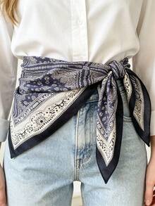 1PcSoft Wool Cotton Feel Paisley Print Scarf, Multi-Way Wear Satin Bandana, Vintage Border Trim Long Neck Scarf, Waist Belt Decorative Sash - Multicolor - View 2