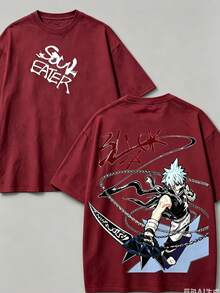 Soul Eater - Black Star Anime Washed T-Shirt, Double-Sided Cotton, Unisex Design, Japanese Manga Merchandise, Men's T-Shirt - 酒紅色2 - 查看 1