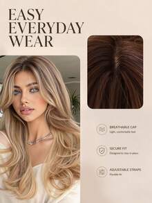 22 Inch Medium-Long Curly Wavy Wig, Mixed Blonde Color, Natural Heat-Resistant Synthetic Fiber Wig, Suitable For Women's Daily Wear, Parties And Commuting - Blonde Ombre - View 3