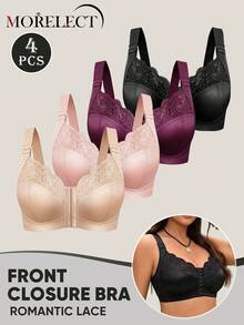 Morelect 4pcs Women's Plus Size Wireless Bra, Front Closure, Support & Lift, Soft & Breathable, Everyday Bra - Multicolor - View 6