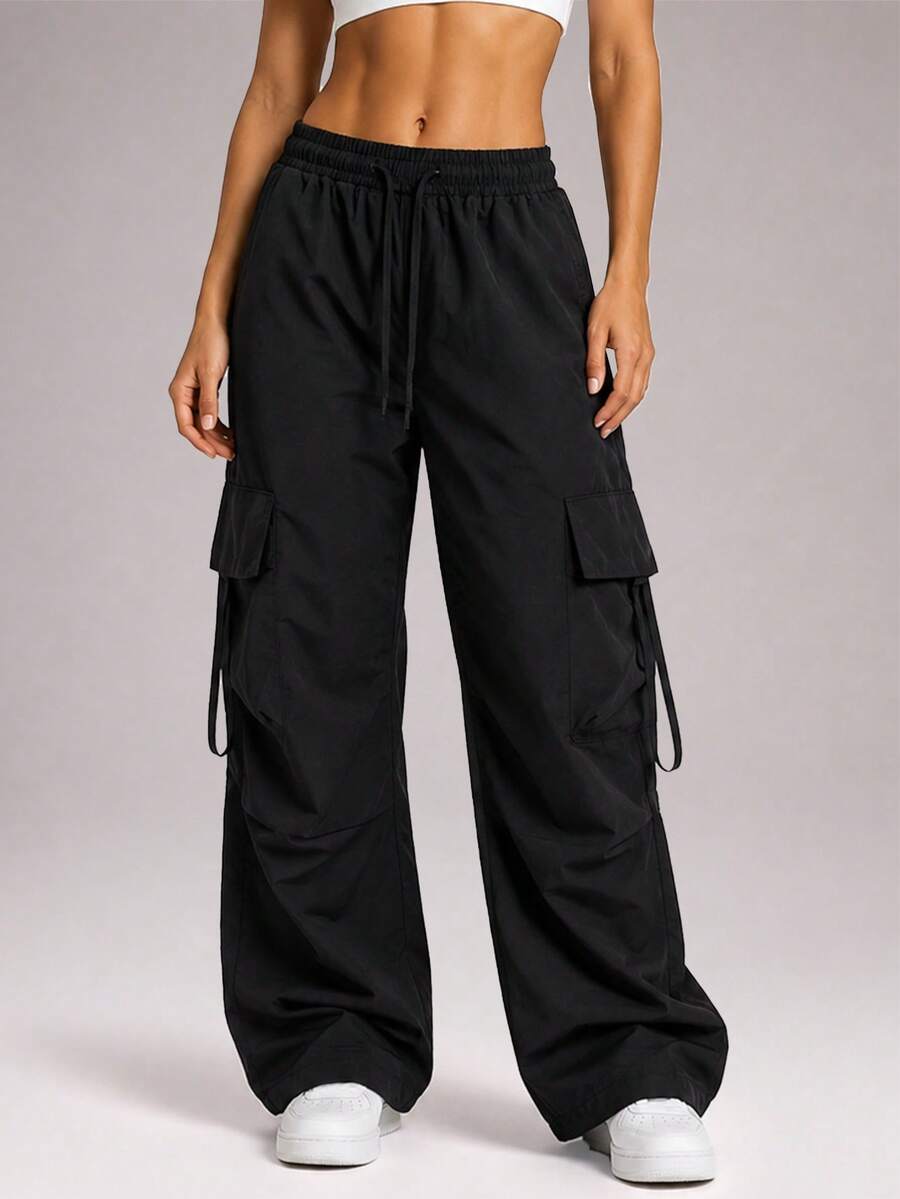 CZRLHYT Women's Solid‑Color Drawstring Cargo Pants With Front‑Tie And Pockets, Simple Casual Style For Outdoor Use, Women's Apparel - Black - View 1