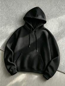 Men's All-Match Solid Color Loose Fit Hoodie, Solid Color Kangaroo Pocket Pullover, Minimalist Drawstring Metal Head Versatile Drop Shoulder, Minimalist No Print All-Match Metal Drawstring, Versatile Design For Layering And Casual Wear, Unisex - Black - View 2