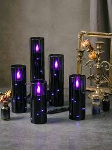 5pcs LED Flameless Candle Lights With Timer Remote Control, Battery Operated Embedded Flickering String Lights, Suitable For Halloween, Christmas, Birthday, Gift, Party, Holiday - Black - Purple Light Edition - View 1