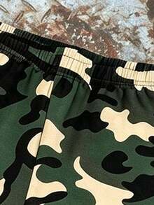 Teen Boy Street Rabbit Print Crew Neck Sweatshirt & Camouflage Wide Leg Pants 2pcs Set, Autumn Winter Outfit, Campus Style, Homecoming Look - Black - View 7