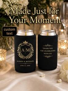 Custom Wedding Koozies, Black Neoprene Can Sleeves Personalized With Monogram , Names, Date And Thank You Message, Elegant Wedding Reception Favors For Guests, Couples And Anniversary Celebrations - Multicolor - View 1