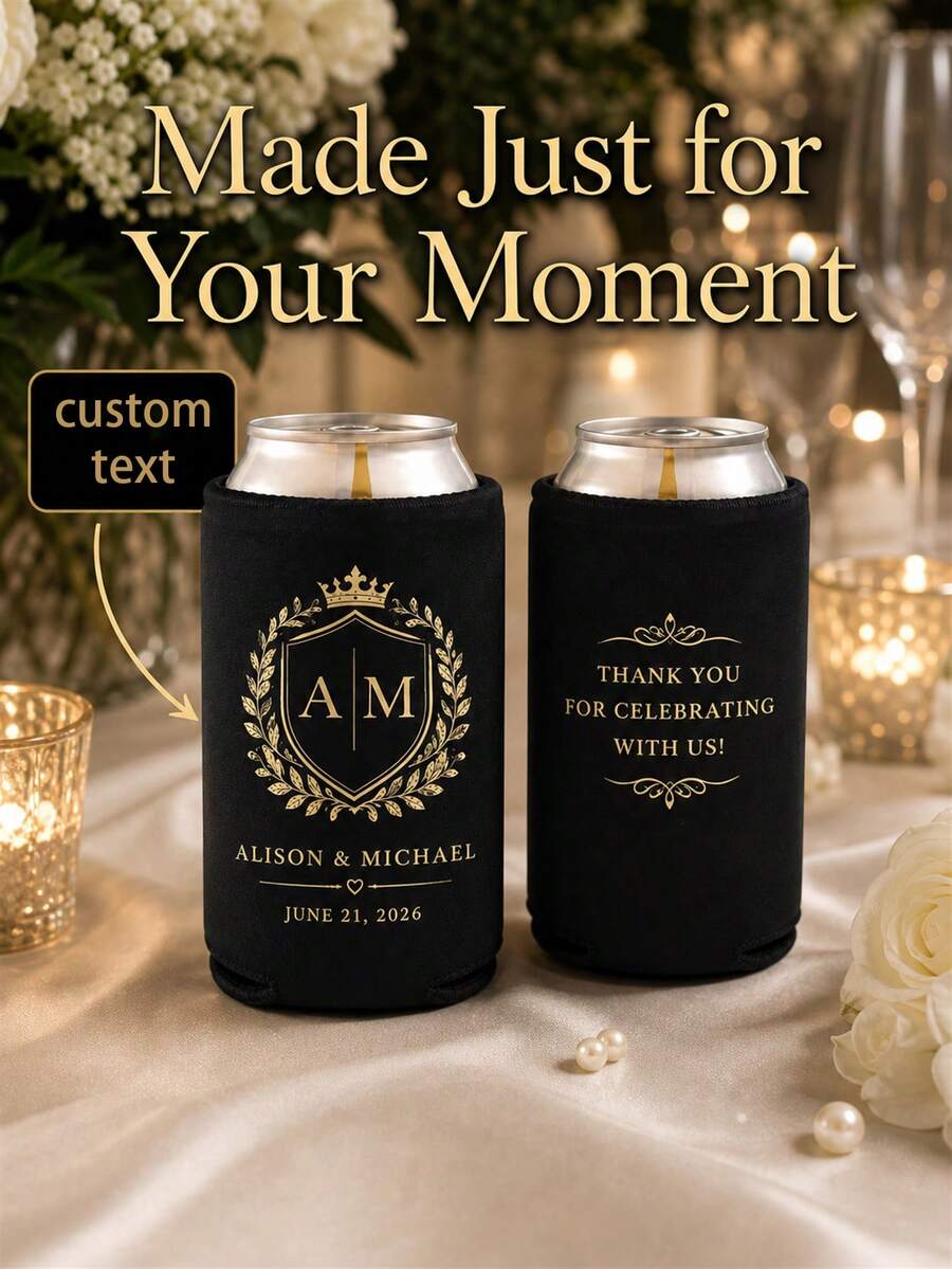 Custom Wedding Koozies, Black Neoprene Can Sleeves Personalized With Monogram , Names, Date And Thank You Message, Elegant Wedding Reception Favors For Guests, Couples And Anniversary Celebrations - Multicolor - View 1