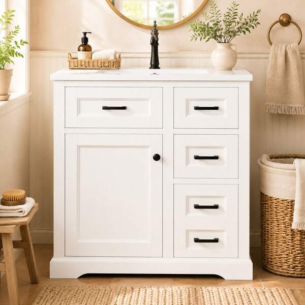 76 X 47 X 82 Cm, Floor-Standing Vanity Unit, Lacquered Surface, Doors With Soft-Close Function, Two-Stage Side Pull-Out, Integrated Ceramic Washbasin, Door Shelf, White