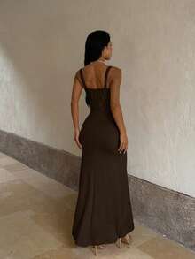 Autumn/Winter Elegant Party Dress, Lace Draped Luxury Evening Gown, Suitable For Halloween, Birthday, Prom, Wedding, Vacation - Brown - View 4