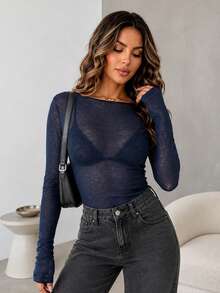 ChicMe Women's Boat Neck Long Sleeve Slim Fit T-Shirt, Sexy Sheer Mesh Tulle Base Layer Top, Suitable For Outings And Parties - Navy Blue - View 1