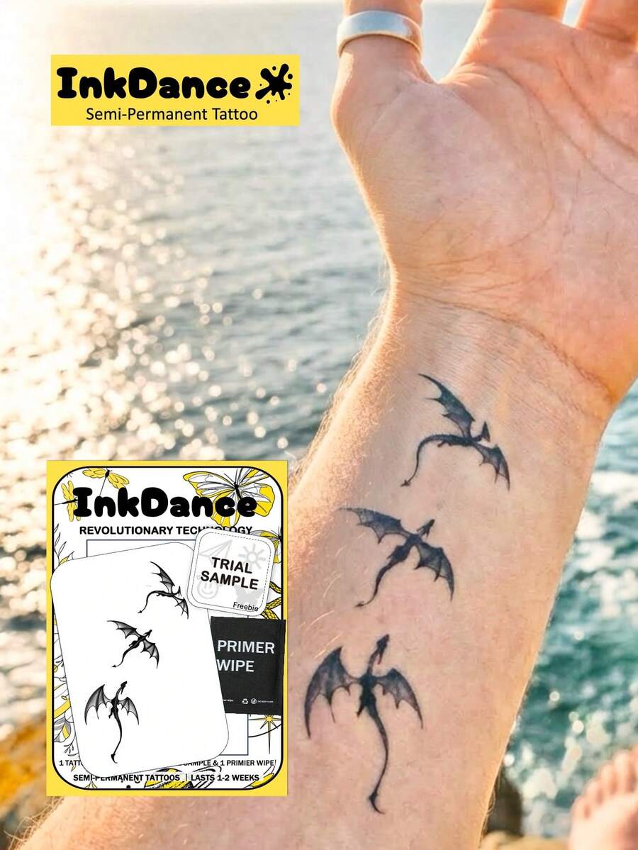 1 Kit "Three Dragon" Revolutionary Technology Tattoos, Semi-Permanent Tattoos, Temporary Tattoos, Fake Tattoos, Water-Resistant, Authentic Tattoo Look, Plant-Based Tattoo, Durable, InkDance Ink Dance, Realistic, X167 - Black - View 1