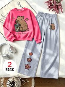 2pcs/Set Pakaian Kasual Anak Perempuan, Termasuk Sweatshirt Leher Bulat Motif Capybara + Celana Panjang Kasual, Lembut dan Nyaman, Cocok untuk Dipakai di Musim Gugur/Musim Dingin - MultiWarna - View 2