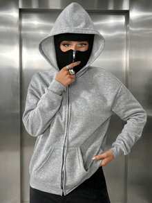 Women's Casual Fleece Balaclava Sweatshirt With Double Hood, Zipper Pockets, Loose Fit, Warm, Grey, Suitable For Autumn/Winter Daily Wear - Light Gray + Black Cap - View 3