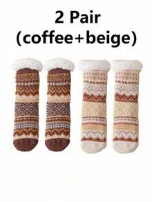 1/2 Pasang Kaos Kaki Tebal Hangat Musim Dingin, Kaos Kaki Tidur Panjang, Kaos Kaki Setengah Betis, Kaos Kaki Lantai Anti Selip Silikon, Pola Vintage Tahan Dingin untuk Rumah - MultiWarna - View 8