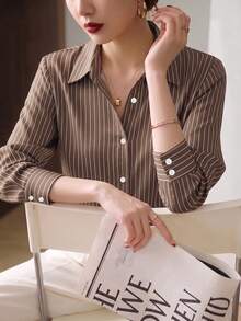YUXIN 春秋新款女式寬鬆時尚深卡其色條紋優雅長袖襯衫，通勤專業修身百搭襯衫 - 深卡其 - 查看 5