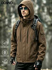 Men's Vintage Drawstring Adjustable Hood Large Capacity Pocket Outdoor Tactical Hiking Jacket - Brown - View 2