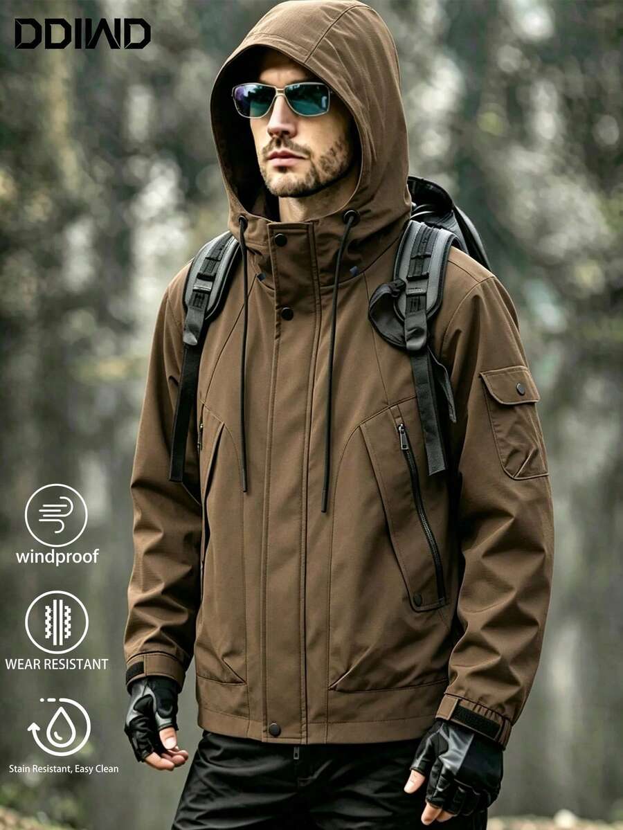 Men's Vintage Drawstring Adjustable Hood Large Capacity Pocket Outdoor Tactical Hiking Jacket