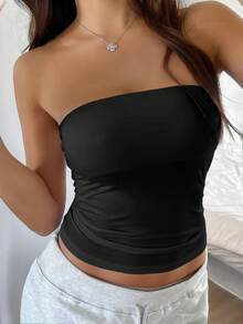 GLAMSKIN Women Four Season Sexy Strapless Tube Top,Summer&Fall Casual Double Layer Slim Fit Basic Cami Top,Streetwear&Beach Vacation Black - Black - View 9