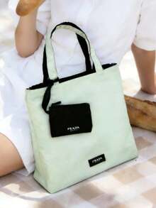 Prada Reversible Dual Color Nylon Tote Cosmetic Bag, Light Green Black Two Sided Design With Detachable Small Zipper Purse Portable Large Storage Handbag Women Elegant Gift PRADA-GIFT-2 - Mint Green + Black Two-tone - View 8