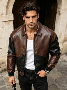 Men's Spring/Autumn Fashion Casual Daily Patchwork Contrast Color Lapel PU Leather Jacket - Brown - View 1
