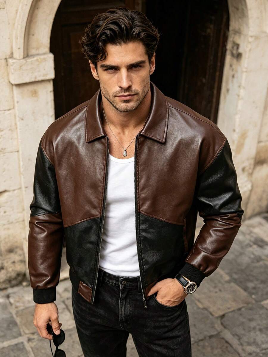 Men's Spring/Autumn Fashion Casual Daily Patchwork Contrast Color Lapel PU Leather Jacket - Brown - View 1