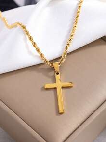 Stainless Steel Men's Premium Champagne Gold Twisted Chain Cross Pendant Necklace, Non-Fading - Twist Chain - View 8