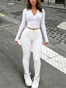Cross-Border All-Season Medium Stretch Mid-Waist Casual Women's Denim Skinny Ankle Pants White Fall - White - View 2