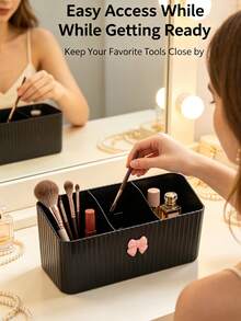2/1pc Bowknot Decoration Grid Storage Box Three Grid Vertical Pattern Cosmetics Storage Box Dressing Table Lipstick Makeup Brush Sorting Box Bathroom Desktop Miscellaneous Storage Box - View 10