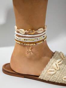 imoli 7pcs/Set Bohemian Resin Faux Shell & Starfish Multi-Layer Anklets, Summer Beach Beaded Stackable Anklets, Vacation Ocean Style Women's Foot Jewelry - Multicolor - View 3
