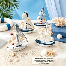 1pc Ocean Style Shell Cracked Boat Ornament, Creative Wooden Sailboat Model Small Decoration, Creative Decorative Craft, Desktop Ornament (Handmade Products May Have Slight Flaws, But They Do Not Affect Use) - Multi-color - View 8