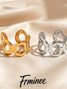 Frminee 2pcs/1pc 18K Gold Plated Stainless Steel Hammered Hollow Round Ring, Unique Asymmetrical Texture Minimalist Style Stackable Charming Jewelry - Multicolor - View 6