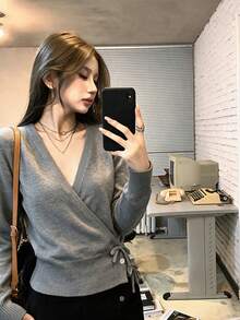 Women's Minimalist Sexy Loose Slouchy Grey Cross V-Neck Knit Cardigan Sweater Jacket, Unique Beautiful Knit Top For Autumn/Winter Fall - Grey - View 3