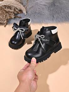 Girls' Colorblock Collar Ankle Boots, Autumn/Winter New Hook-And-Loop Thick Sole Anti-Slip Simple Versatile Fashion Casual Boots - Black - View 5