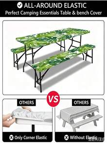 3 Pieces Picnic Tablecloth Set With Bench Cover, Elastic Edge Design, Leaf Pattern With Colorful Floral Accents, Washable Rectangular Tablecloth, Suitable For Weddings, Camping, Picnics, Garden Parties And More, Practical Essential - B - View 7