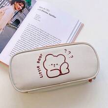 1pc Cute Cartoon Bear Rabbit Canvas Pencil Case, Minimalist Line Animal Print Pen Bag, Large Capacity Zipper Stationery Storage Pouch, Kawaii Simple Design, Portable Student Pencil Holder For School, Office & Back To School Gift - Flip-top Pencil Case - View 8