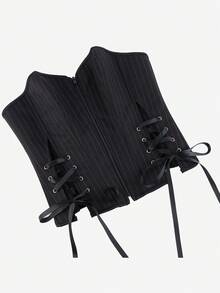 Women's Thin Striped Bandeau Waist-Cinching Top, Side Lace-Up Front Zipper Bustier Cropped Top, Gothic Vintage Cinched Waist, Party Nightclub Outfit, Streetwear Style, Halloween Costume - Black - View 2