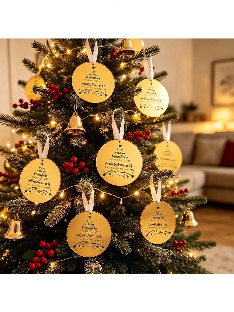 10pcs Blank Gold Round Christmas Decorations - Gold Acrylic Discs With Holes, Suitable For Handwritten Holiday Greetings; Perfect For Decorating Christmas Trees, Rooms And Bedrooms, Or Using As Hanging Ornaments And DIY Gift Decorations. - Multiple Styles - View 1