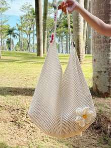 Crochet Floral Decor Colorful Square Crochet Strap Knit Shoulder Bag Open Closure Spacious Convenient Access Suitable For Travel Vacation Outing Commute Shopping - Beige - View 5