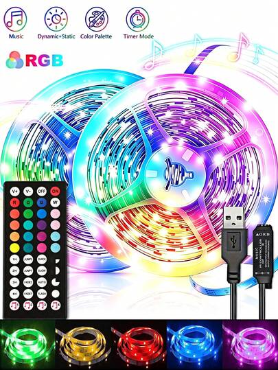 1件 3.28英尺-98英尺 RGB LED燈條，附44鍵遙控器，自黏式LED燈條，支持調光、顏色調節、音樂同步、定時與DIY模式，適合居家裝飾、電視背光、節日派對、婚禮、萬聖節與聖誕節，適用於臥室、遊戲室（3.28英尺/1米尺寸較短，請根據實際需求選擇，內置黏膠無法貼在粗糙牆面，黏貼時請小心！）