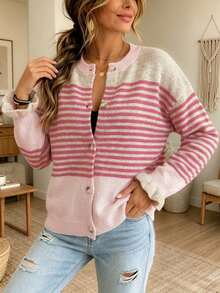 Women's Casual Round Neck Drop Shoulder Ruffle Striped Button Ribbed Cardigan, Chic Elegant Basic Going Out Back To School Sweater, Fall Winter - Multicolor - View 6