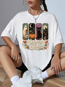 Ghost Cat Pumpkin Haunted House Halloween Shirt, Vintage Fall Graphic Tee - 樣式1 - 查看 3