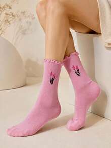 4/8 Pairs Sweet Style Tulip Floral Frill Trim Women's Mid-Calf Socks - Multicolor - View 5