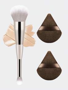 ronshadow 1pc Dual-Head Makeup Brush With Powder Puff Set, Face Powder Brush + Detail Blending Brush Dual-Use, With Triangle Flocked Powder Puff, Beginner Makeup Tool - Multicolor - View 12