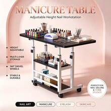 Height Adjustable Professional Portable Manicure Table, Reinforced Frame, Lockable Wheels, Silent Multi-Functional Mobile Nail Desk, Black & White Available, Perfect For Bedroom Living Room Study Small Space Outdoor Salon Home Use - Classic Black [Picnic Table] - 3-tier - View 5