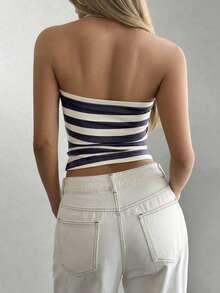 Women's Casual Vintage Sexy Striped Camisole, Suitable For Street And Commute In Summer - Navy Blue - View 2