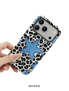 GIIPPA 1pc Leopard Print Bottom & Blue Five-Pointed Star Pattern Design, Phone 17 Pro Max Phone Case, Compatible With Phone 16 Pro Max, 15 Pro Max, 14 Pro Max, Korean-Style High-End Fashionable & Fun Phone Case, Suitable For 11/12/13/14/15/16 Pro Max Plus, Elegant Design For Men & Women, Perfect Gift For Girlfriend On Christmas, Valentine's Day, Easter, Wedding Season And Birthday! - Blue - View 5