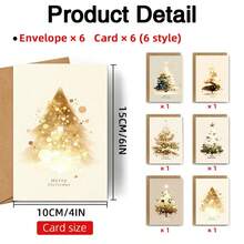 6 Sets Christmas Card Set With Envelopes - Gold Christmas Tree Design - Suitable For Parties, Holiday Greetings, Gifts, Birthdays And Creative Card Making - Multicolor - View 10