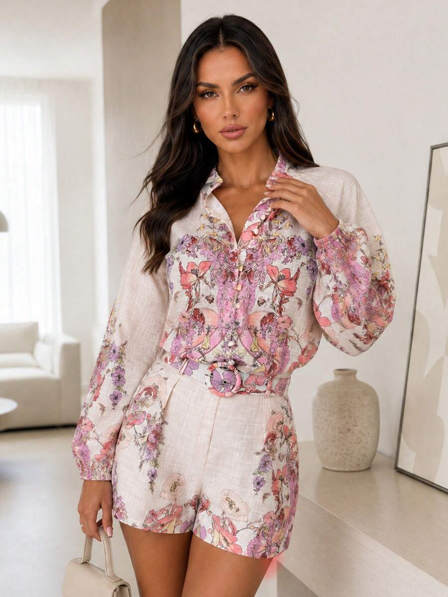 ChicMe Women's 2-Piece Floral Placement Print Set, Stand Collar Lantern Sleeve Top + Elastic Back Waist Belt Shorts, Elegant Daily Party Vacation Outfit