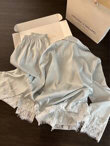 Light Luxury Sweet Solid Color Lace Trim Pajamas Women's New 2 Pieces Set Loungewear - Mint Green - View 2